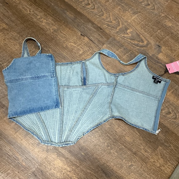 PLT PLUS VINTAGE LIGHT WASH SEAM DETAIL DENIM CORSET SEXY BUSTIER STYLE JEAN TOP - Picture 11 of 13